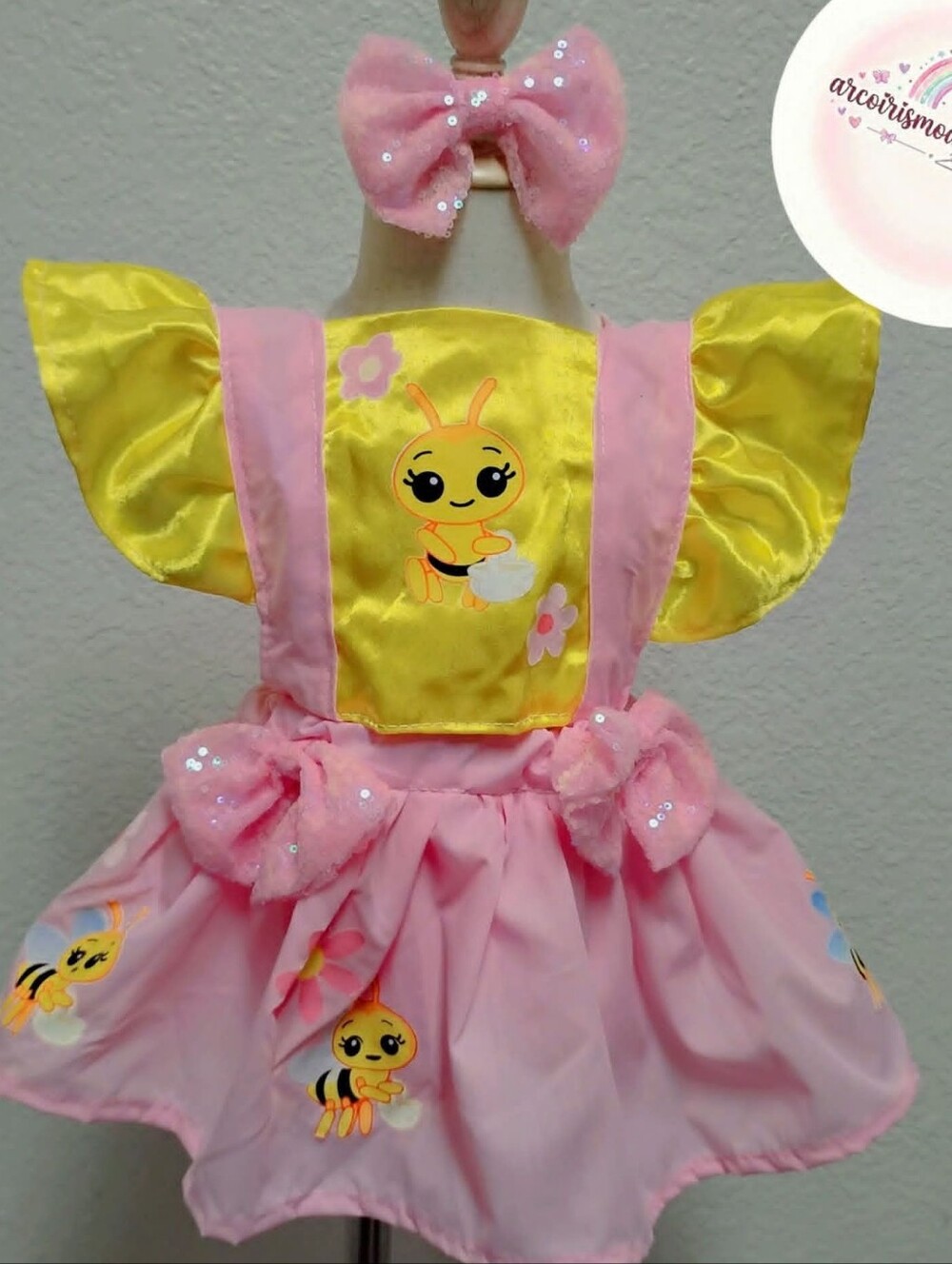 Girls Pink & Yellow Bee-Themed Costume Dress with Sparkle Bows Size 1t 12-18mont